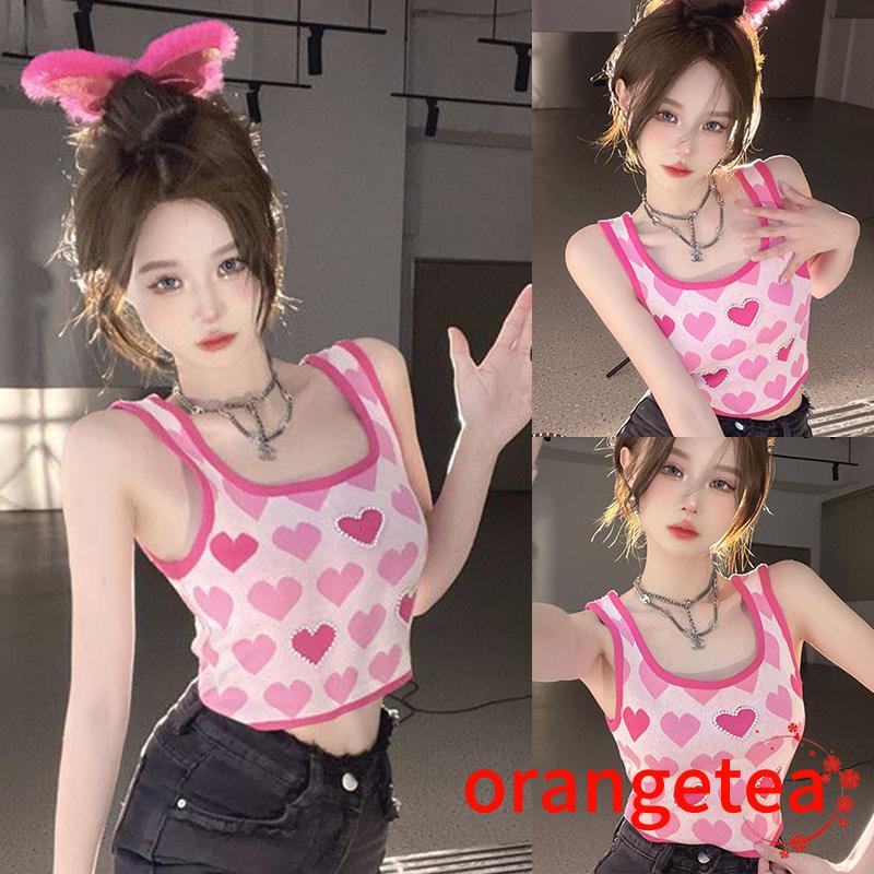 Áo Croptop Hai Dây Cổ Chữ U In Họa Tiết Trái Tim Đính Ngọc Trai Thời Trang Mùa Hè Cho Nữ