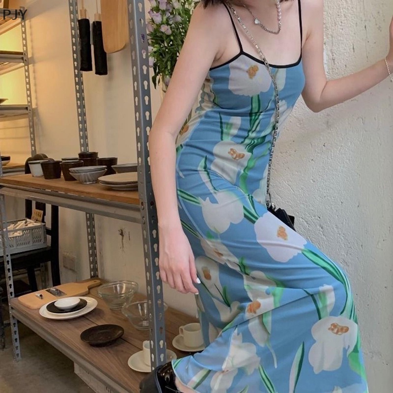 Đầm Midi Hai Dây Dáng Ôm In Họa Tiết Hoa Thời Trang Mùa Hè Quyến Rũ Cho Nữ PJ