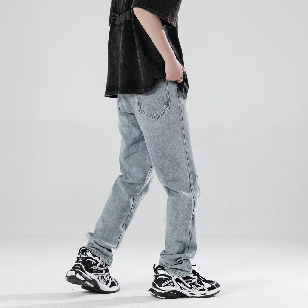 Quần Jean Dài Dáng Rộng Rách Gối Phong Cách Retro Đường Phố Mỹ Thời Trang Mùa Hè Giản Dị Dành Cho Nam