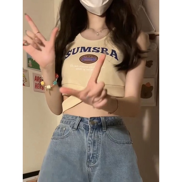 Áo vest nữ không tay ngắn in chữ monogram trên cùng của oran