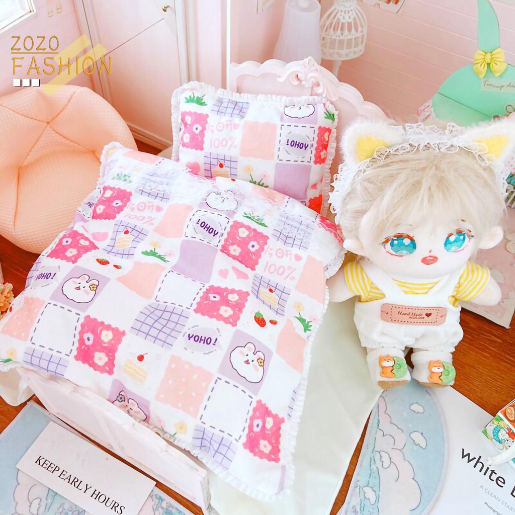 Bộ 3 Món Gối + Ga Giường + Búp Bê Vải Mềm Mại In Họa Tiết Màu Sắc Tươi Sáng Thời Trang Cho Bé