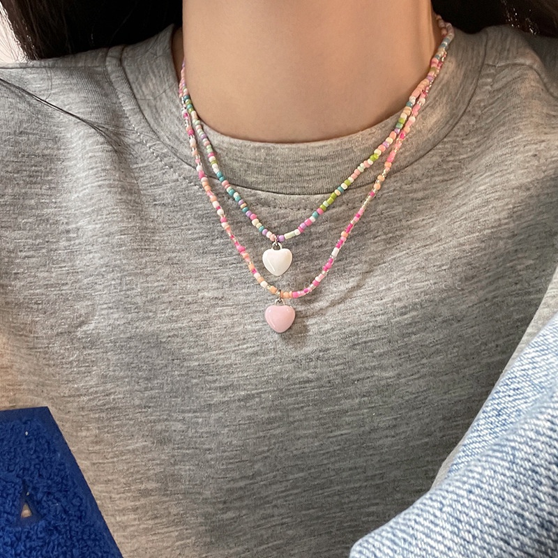 Summer Colored Loving Heart Beaded Necklace Cute Sweet Girl Temperament Clavicle Chain