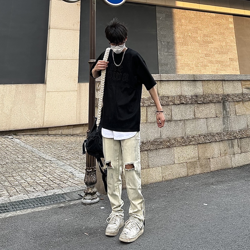 Jiang Xiaowen Phong Cách Mỹ Đường Phố Rửa Bùn Vàng Đầu Gối Rách Quần Jean Nam Nữ Slim-fit Dây Kéo Khe Quần Hợp Thời Trang
