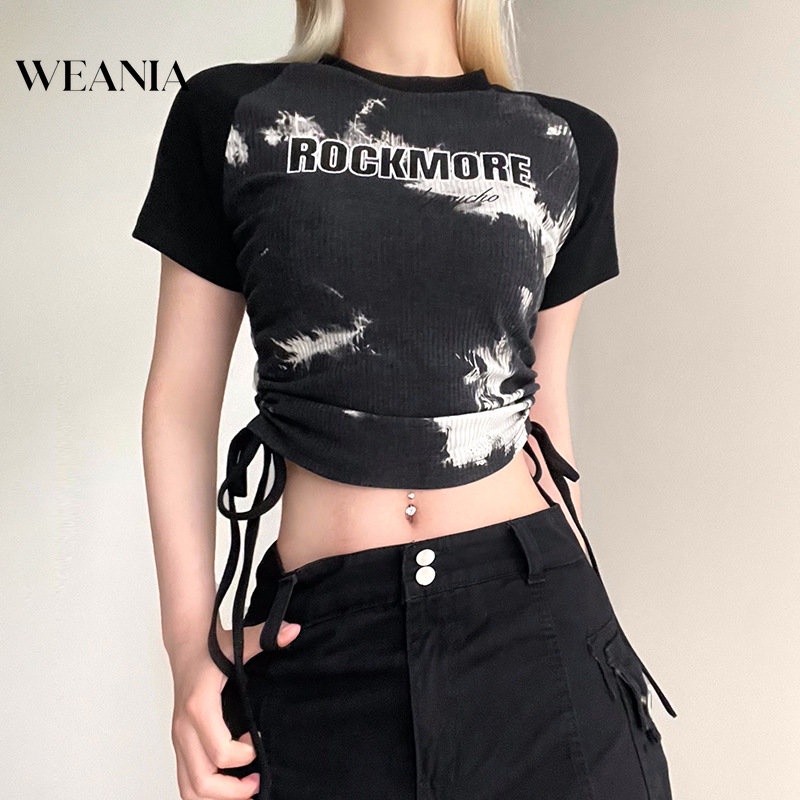 Áo Croptop Tay Ngắn Phối Dây Rút In Họa Tiết Kiểu Vintage Mỹ Xinh Xắn Cho Nữ