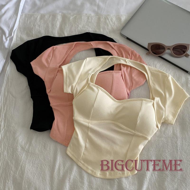 [] Áo Thun Crop Top Hở Lưng Có Đệm Mút Dây Chéo Màu Trơn Mùa Hè Đáng Yêu Có Thể Co Giãn Cho Nữ