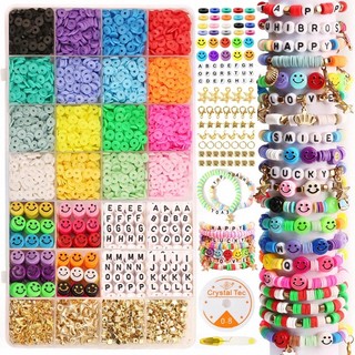 Clay beads for bracelet making,28 colors flat round polymer clay beads 6mm spacer heishi beads with pendant charms kit and elastic strings for jewelry making kit bracelets necklace