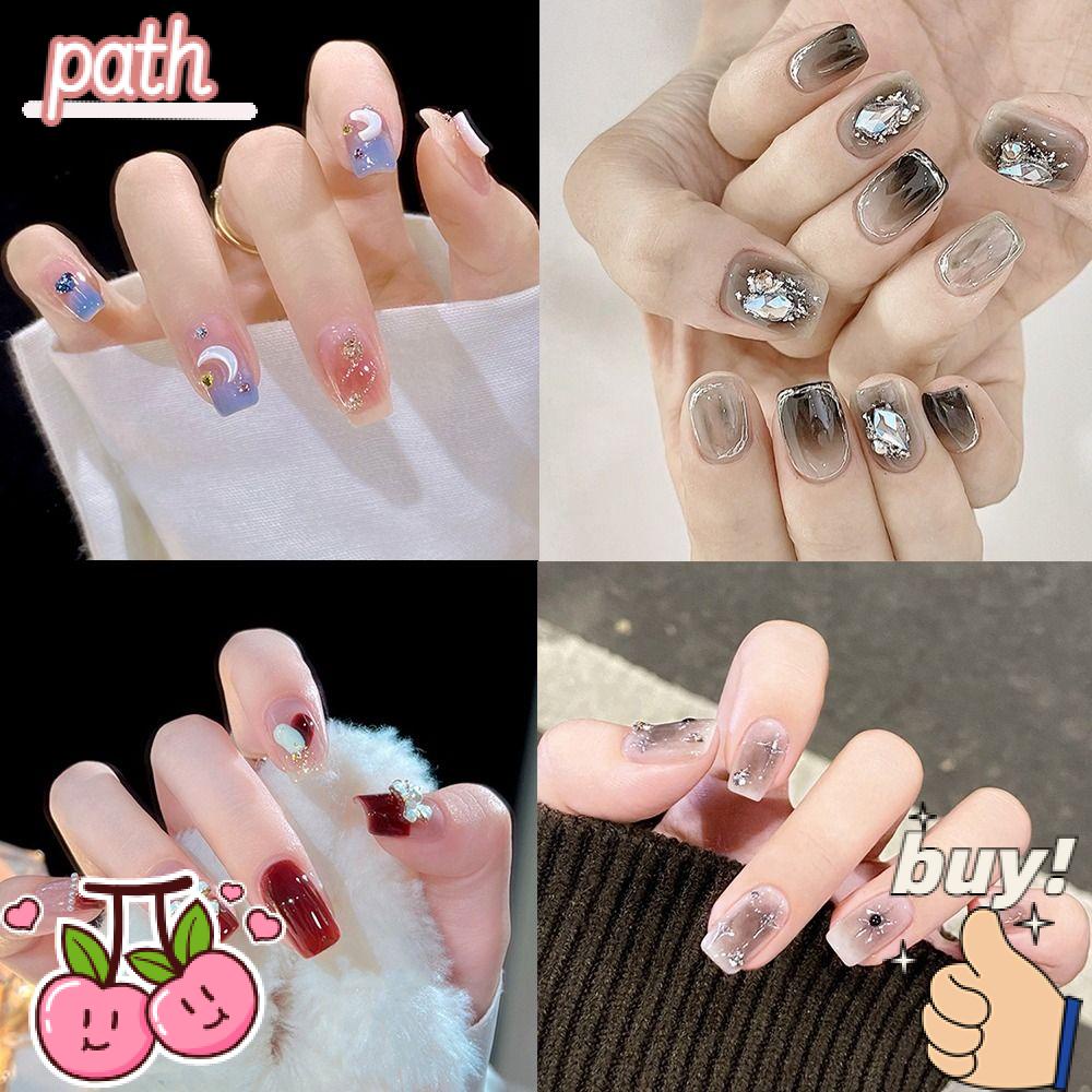 PATH Bộ 24 Móng Tay Giả Che Phủ Toàn Diện Đính Nơ / Ngôi Sao / Mặt Trăng Xinh