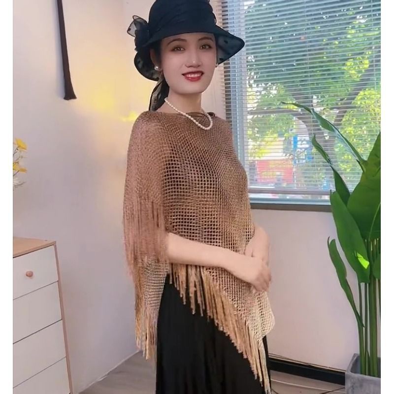 Khăn Choàng Dệt Kim Chống Nắng Thoáng Khí Phối Tua Rua Màu Gradient Thời Trang