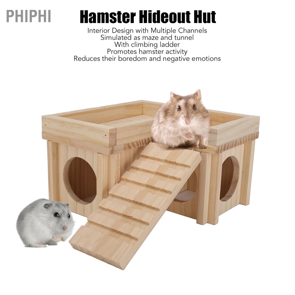 PHIPHI Nhà Hamster Nhiều Phòng Hầm Trú Ẩn Bằng Gỗ Đồ Chơi Túp Lều Thú Cưng Nhỏ Có Thang Cho Gấu Vàng