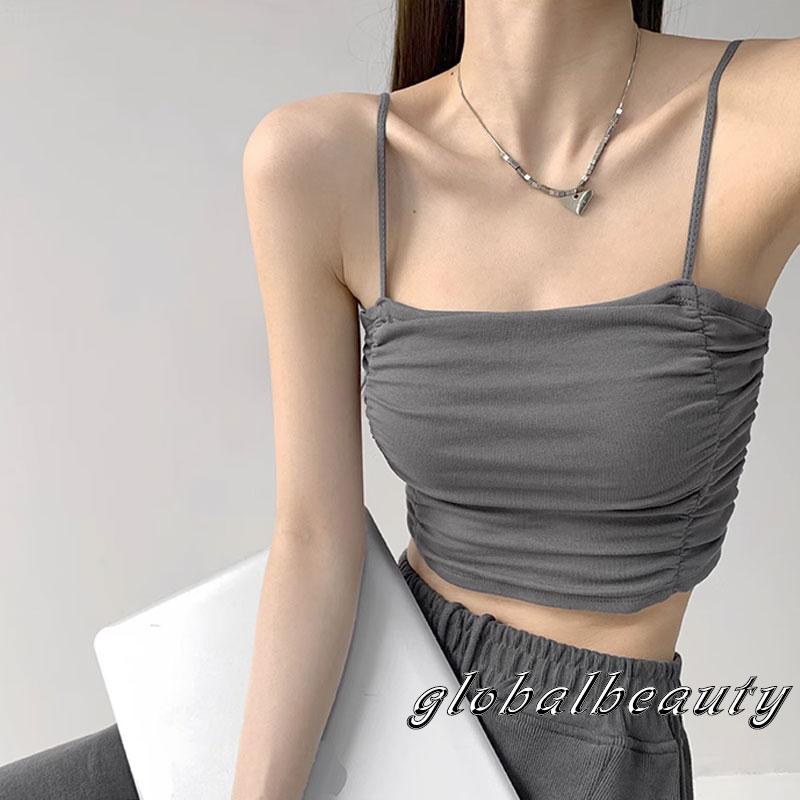 Áo Croptop Hai Dây Có Mút Đệm Màu Trơn Thời Trang Mùa Hè Dành Cho Nữ