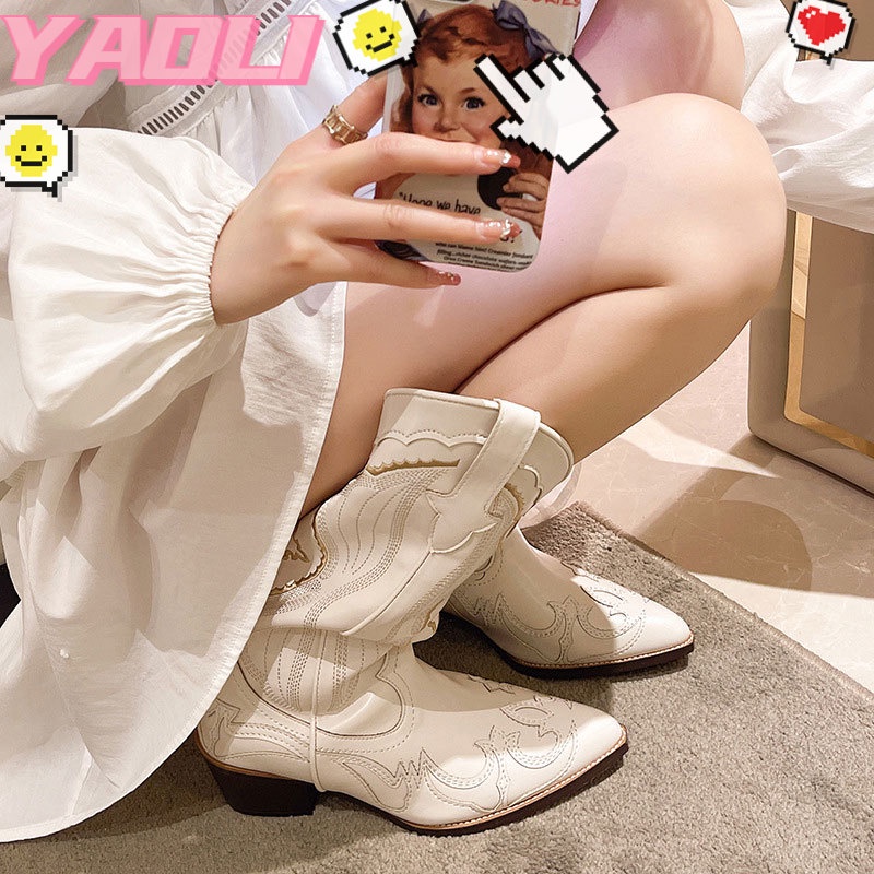 YAOLI Giày Boot Cao Bồi Mũi Nhọn Họa Tiết Thêu Cao Cấp Thời Trang