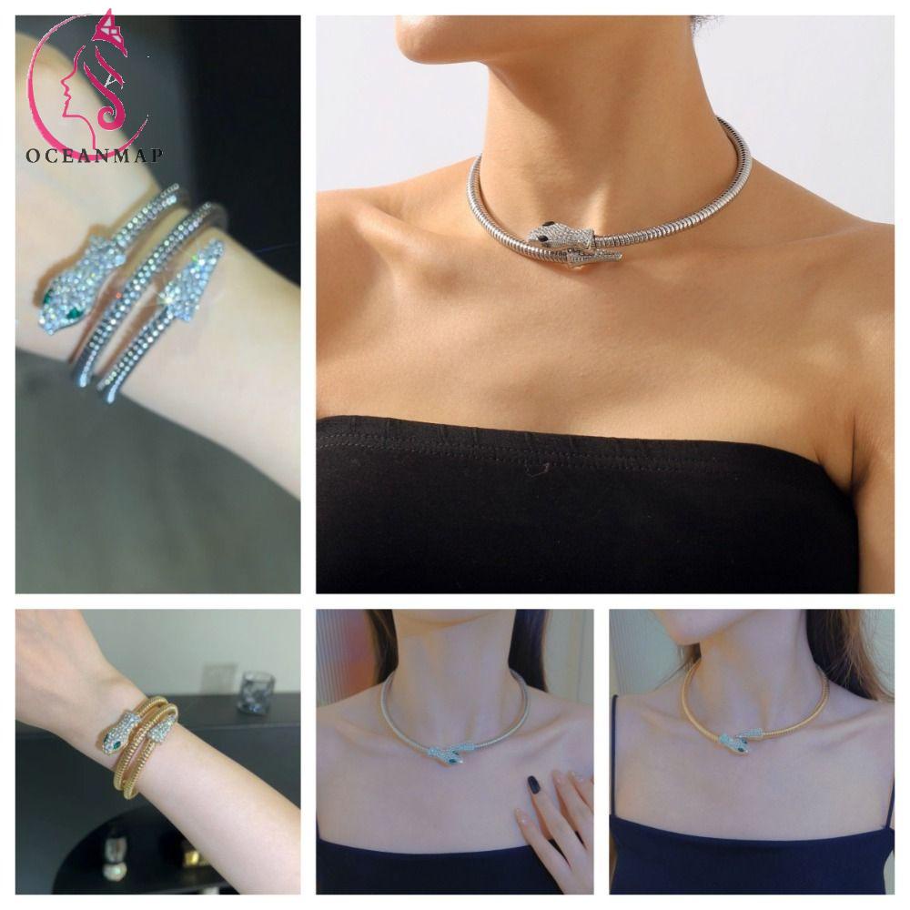 OCEANMAP Vòng cổ Hình Rắn Đính Đá Dạng Hở Màu Bạc Tinh Tế Có Thể Điều Chỉnh
