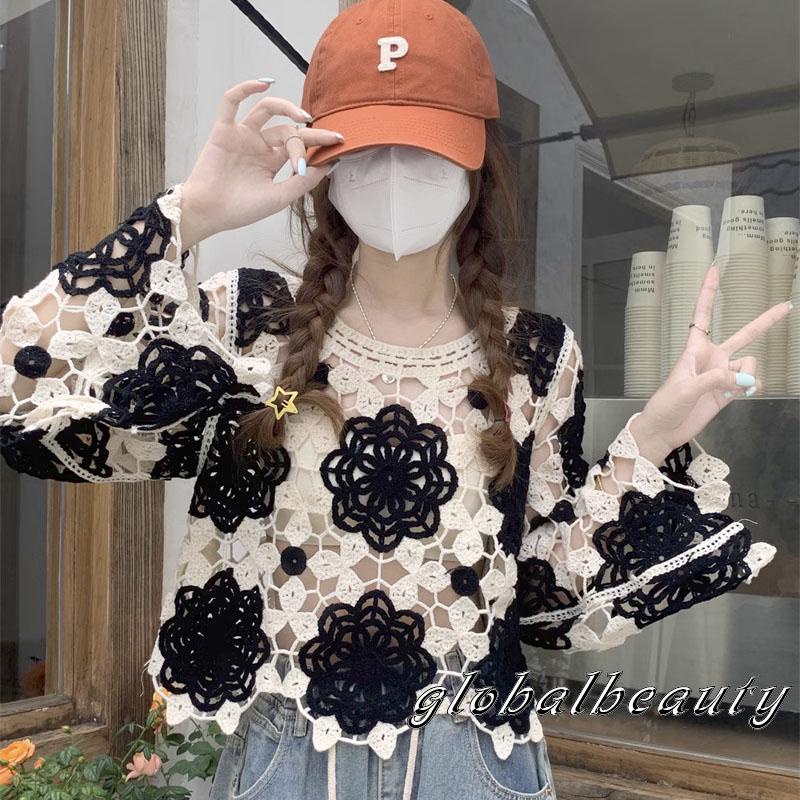 Áo Croptop Dệt Kim Tay Dài Cổ Tròn In Họa Tiết Hoa Thời Trang Xuân Hè Cho Nữ