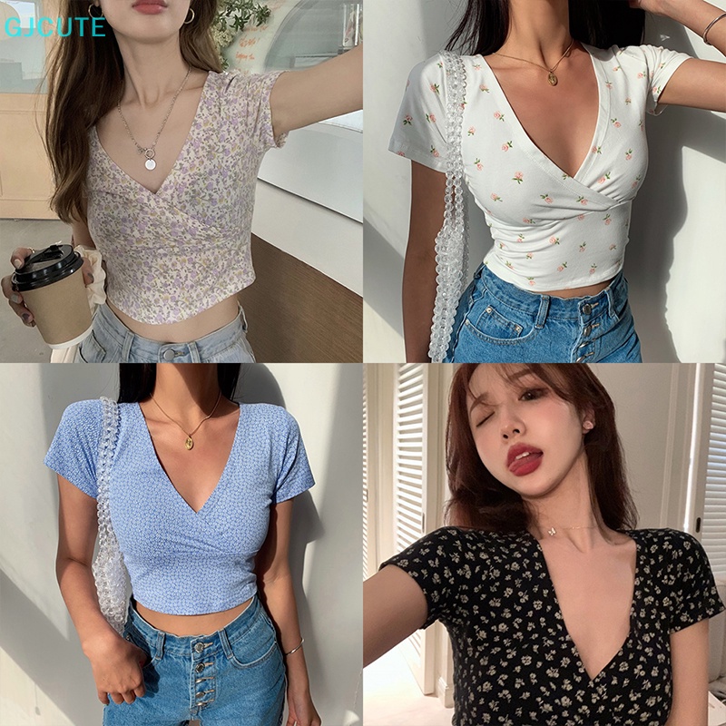 Áo croptop GJCUTE tay ngắn cổ chữ V họa tiết hoa thời trang mùa hè gợi cảm cho nữ