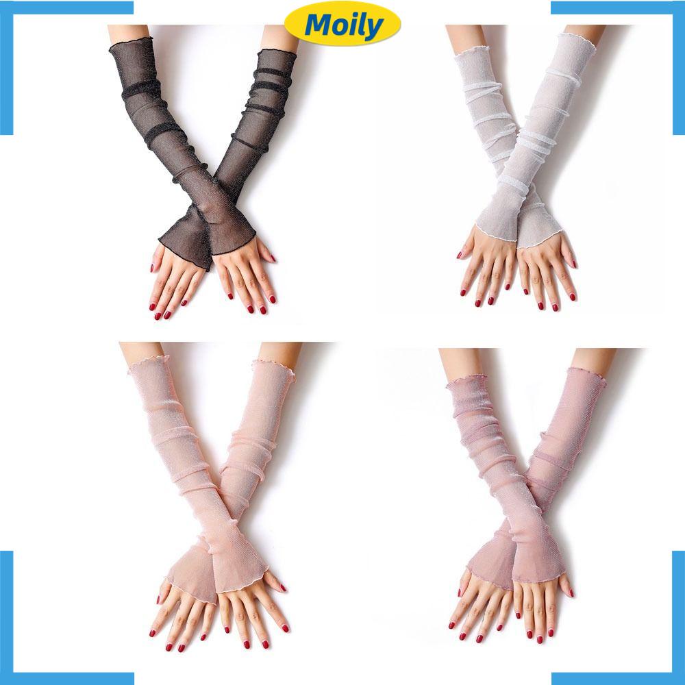 MOILYVN Set 4 Đôi Găng Tay Cotton / Dệt Kim Phối Ren Lưới Màu Trắng / Đen / Hồng / Tím Chống Nắng Cho Nữ