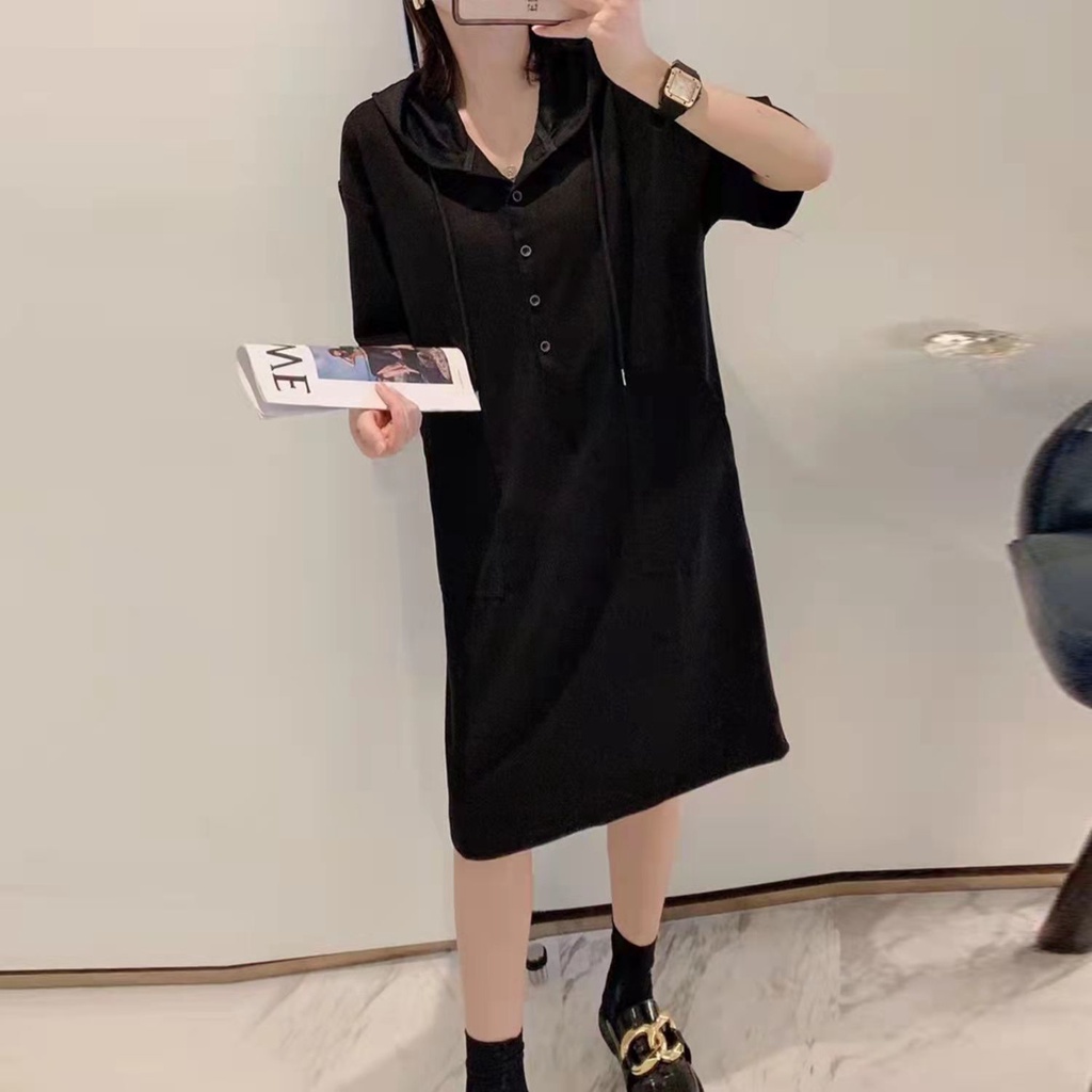 Đầm Tay Ngắn Dáng Rộng Có Nón Thời Trang Cho Nữ