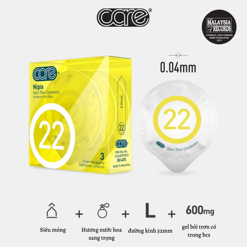 Bao cao su siêu mỏng Care 22 truyền nhiệt, cao cấp cảm giác chân thật - hộp 3 bcs siêu mỏng CARE LATEX HCM