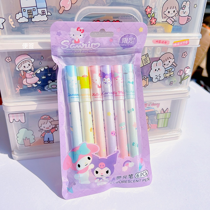 SANRIO Set 6 Bút Dạ Quang Họa Tiết Hoạt Hình Dễ Thương Cho Học Sinh