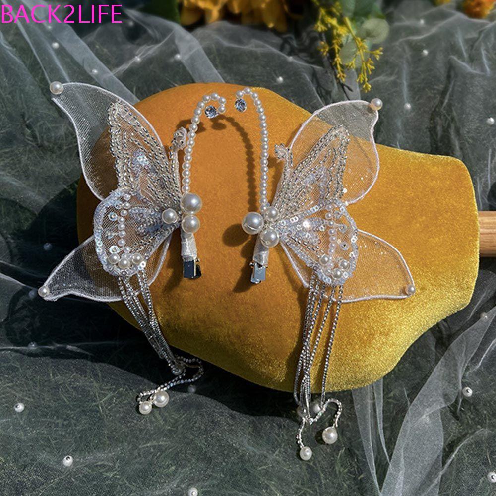 BACK2LIFE Kẹp Tóc Lưới Đính Hạt Và Tua Rua Hình Bướm Lớn Phong Cách Vintage Cho Nữ