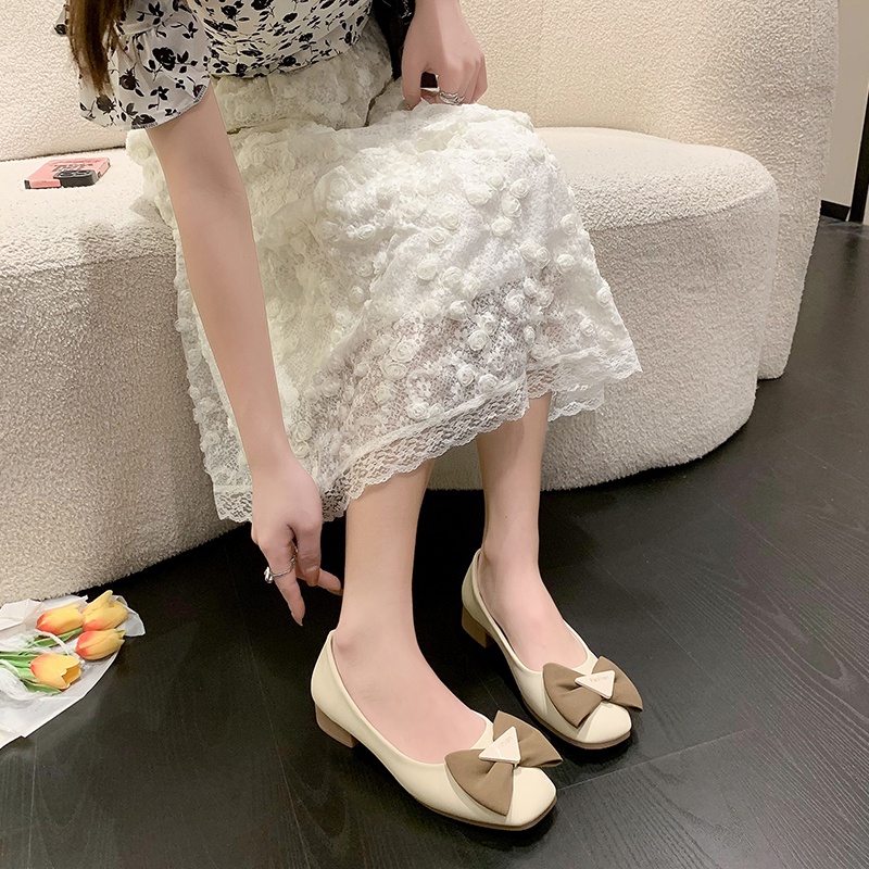 Giày Gót Thấp Mũi Vuông Bằng Da Đính Nơ Thời Trang Cho Nữ