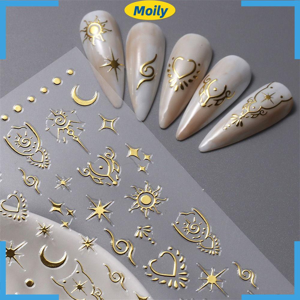 MOILYVN Bộ 5 Miếng Dán Móng Tay Mạ Vàng Mặt Gương Trượt Hoàng Hôn Phong Cách Bohemian Cổ Điển Dành Cho Bạn Nữ