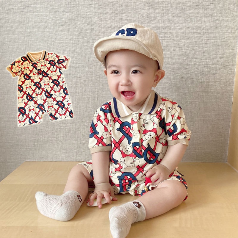 Áo Liền Quần Ngắn Tay In Hình Gấu Thời Trang Cho Bé Trai 0-18 Tháng Tuổi