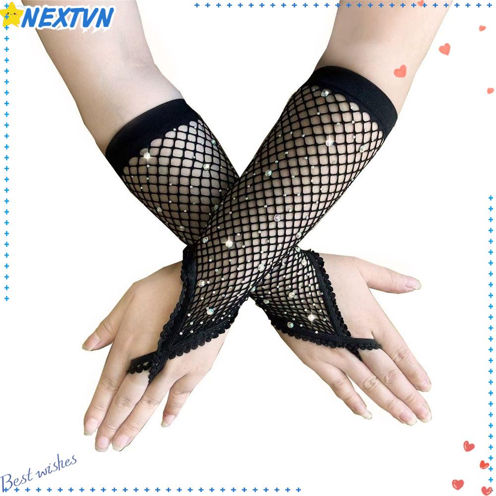 NEXTVN Găng Tay Lưới Dài Co Giãn Đính Kim Cương Lấp Lánh