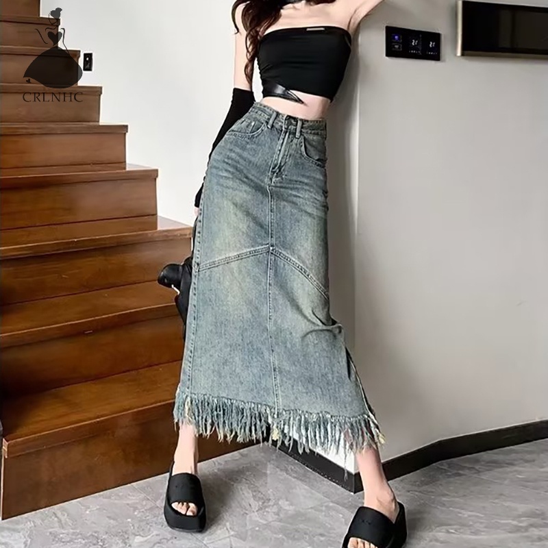 Chân Váy Jean Dài Dáng Chữ A Lưng Cao Phối Tua Rua Thời Trang Mùa Hè 2023 Phong Cách Vintage Y2k