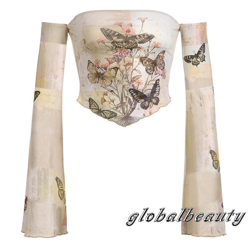 Áo Croptop Trễ Vai Tay Dài In Họa Tiết Hoa Và Bướm Thời Trang Mùa Thu Cho Nữ