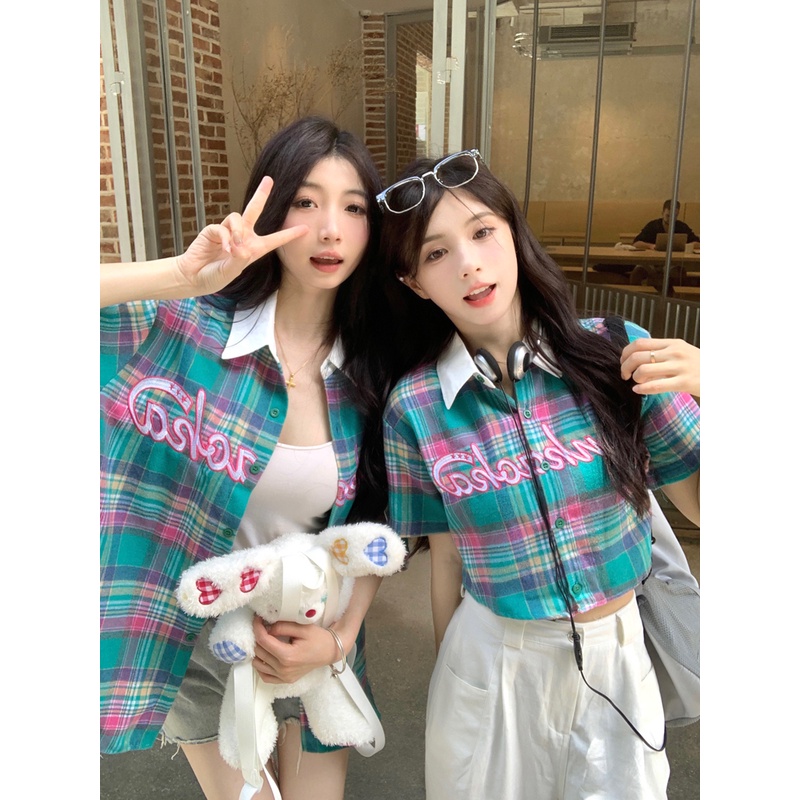 Áo Sơ Mi Ngắn Tay Dáng Rộng Hoa Văn Kẻ Ô Phong Cách Retro Dành Cho Nữ