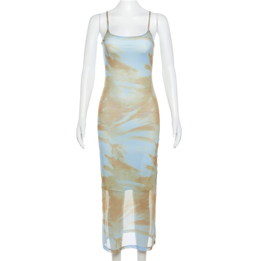 Klalien Đầm Maxi Hai Dây Ôm Dáng Xẻ Tà Họa Tiết Màu Nhuộm Phong Cách Vintage Thanh Lịch Thời Trang Cho Nữ