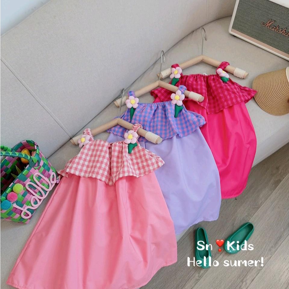 VÁY 2 DÂY PHỐI KẺ CARO ĐÍNH HOA (SIZE 10-30KG)