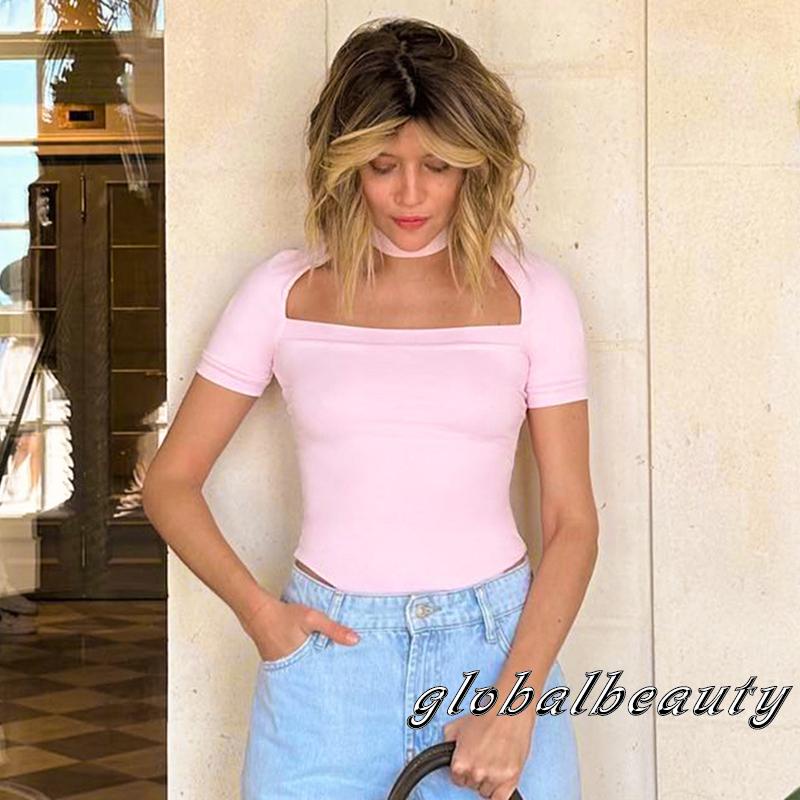 Bộ Áo Liền Quần Tam Giác Tay Ngắn Hở Vai Màu Sắc Trơn Dành Cho Nữ