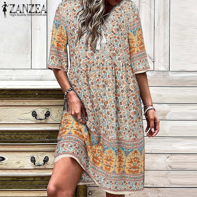 ZANZEA Đầm Dài 3 / 4 In Họa Tiết Thời Trang Nữ Tính