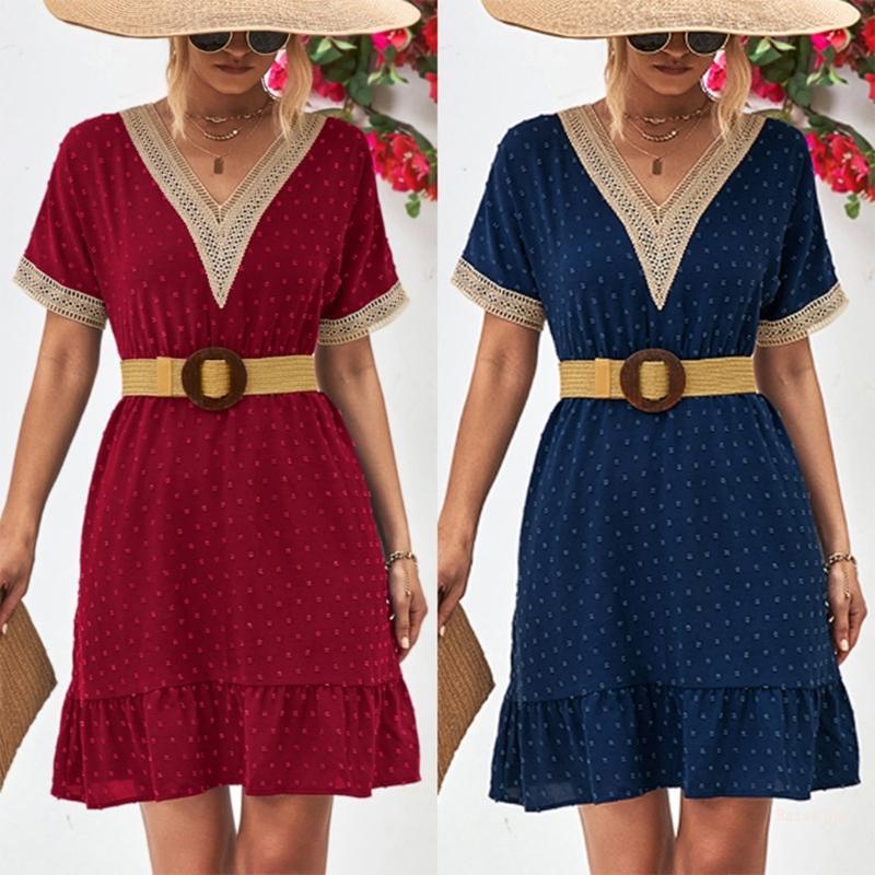 Đầm Chữ A Ngắn Tay Cổ Chữ V Phối Ren Thời Trang Mùa Hè Cho Nữ