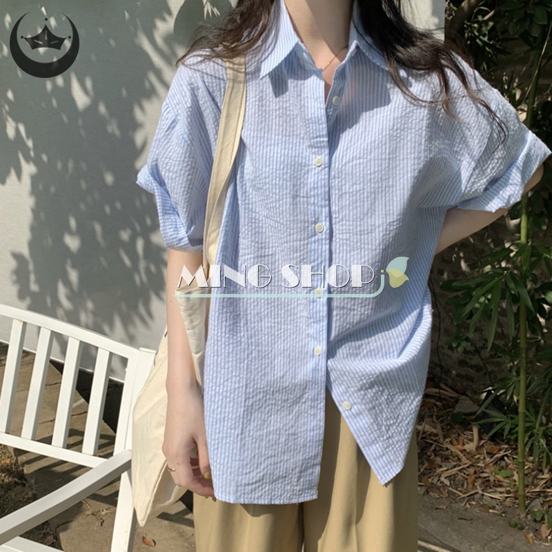 Áo Sơ Mi Ngắn Tay Họa Tiết Sọc Thời Trang Dành Cho Nữ