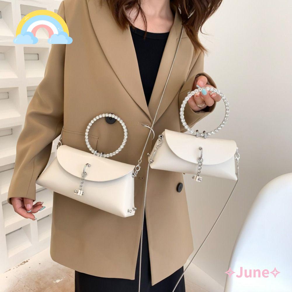 JUNE Túi Xách Da PU Đính Đá Phối Dây Xích Có Tay Cầm Kim Loại Thời Trang Cho Nữ