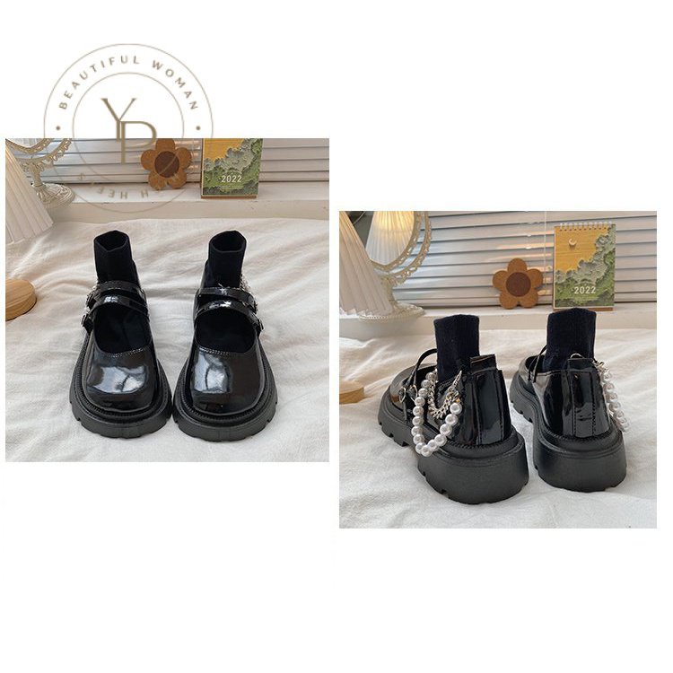 Giày Búp Bê Mũi Tròn Đế Thấp Bằng Sợi Polyester Màu Trơn Phối Khóa Cài