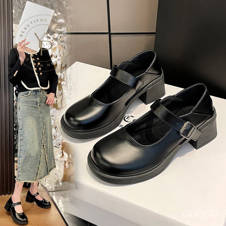 Giày Búp Bê Da Pu Mũi Tròn Đế Dày 3-5cm Phối Khóa Cài Xinh Xắn Hợp Thời Trang