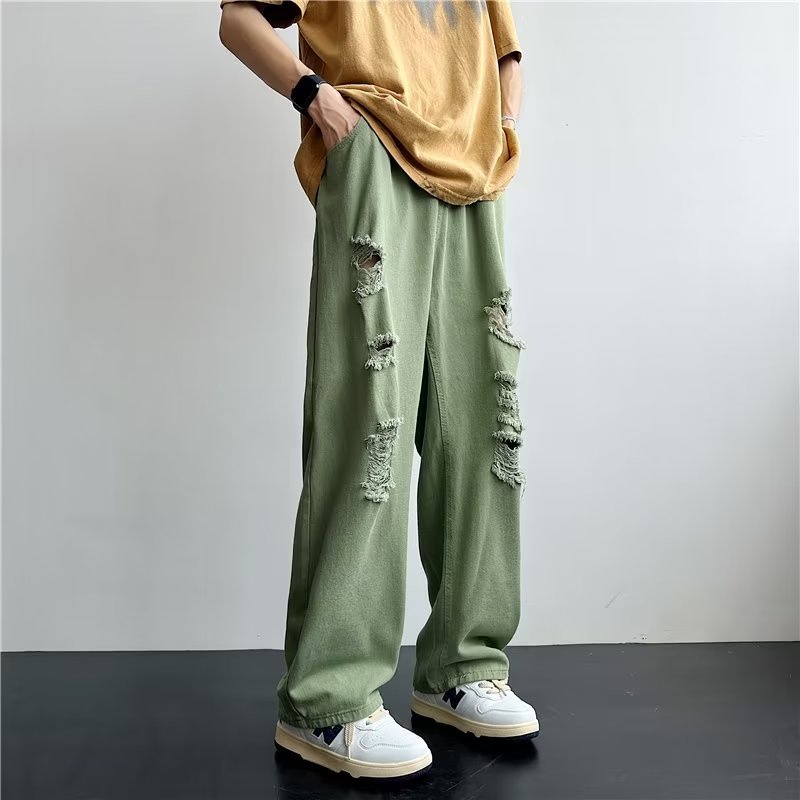 Quần Jean Kaki Ống Rộng Rách Gối Phong Cách Đường Phố Mỹ Thời Trang Mùa Hè Cho Nam