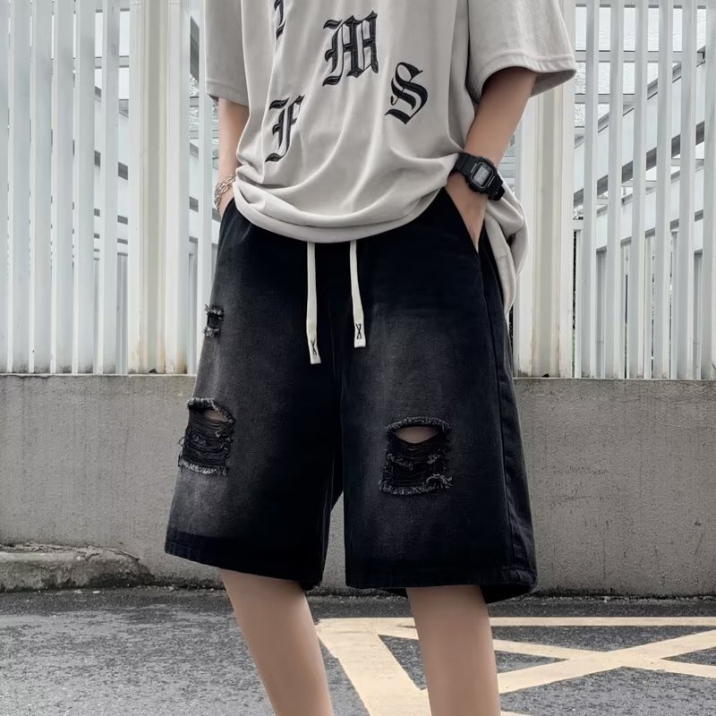 Quần Short Denim Rách Phong Cách Hip Hop Đường Phố Mỹ Cá Tính Dành Cho Nam