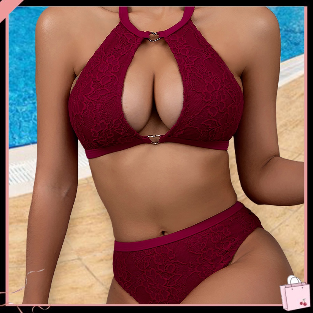 Bộ Đồ Bơi 2 Mảnh Phối Ren Rỗng Màu Trơn Lưng Cao Khô Nhanh