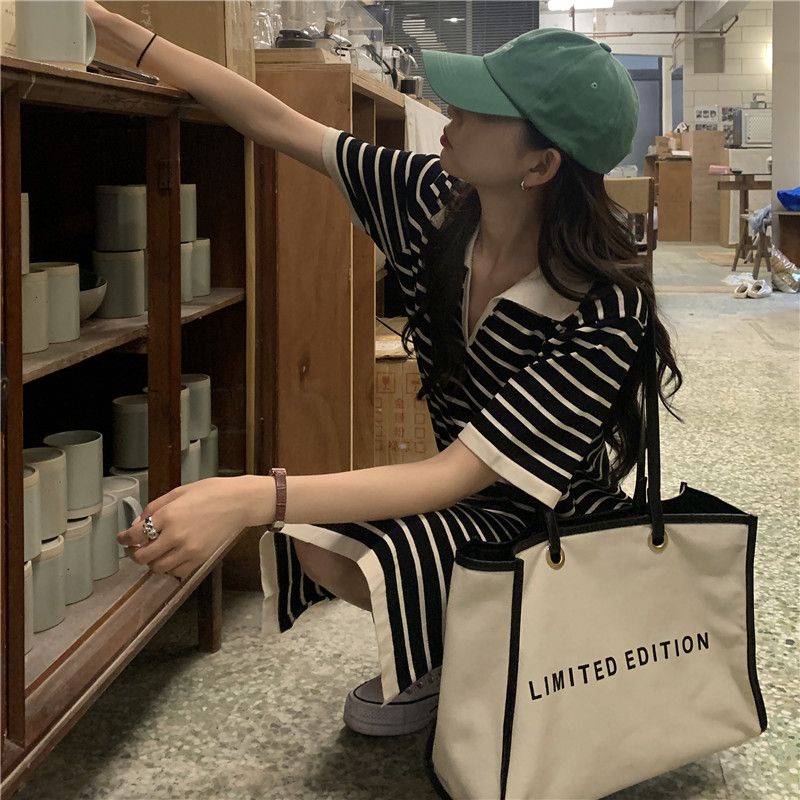 Đầm Thun polo Dệt Kim Tay Ngắn Dáng Rộng Họa Tiết Kẻ Sọc Ngang Phong Cách Pháp Thời Trang Mới