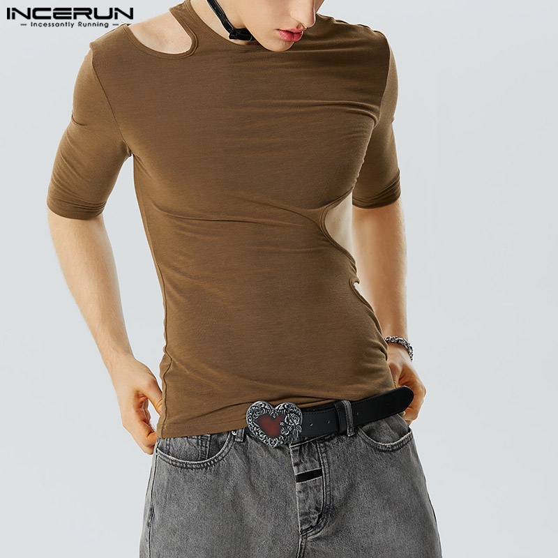 Áo Thun Tay Ngắn Dáng Ôm Co Giãn INCERUN Kiểu Vintage Thời Trang Cho Nam