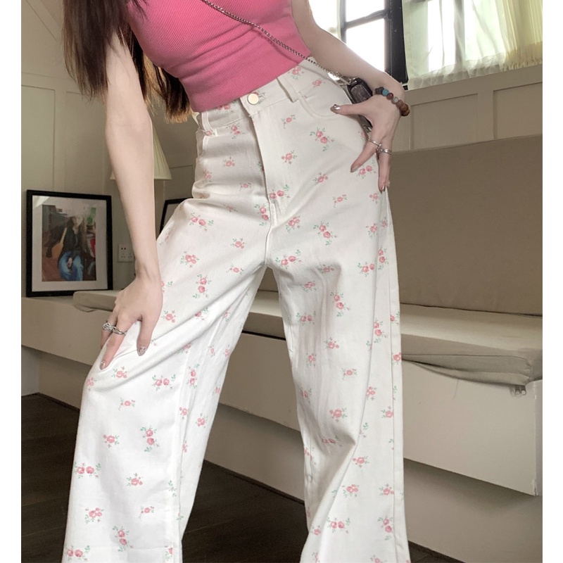 Quần Jeans Nữ Lưng Cao Ống Rộng In Hoa Thời Trang