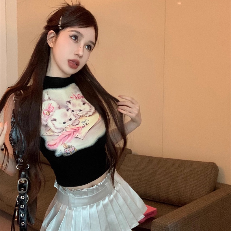 Cozok Áo Sát Nách Dáng Ôm Cổ Bán Nguyệt in Họa Tiết Chú Mèo Thời Trang Quyến Rũ Cho Nữ