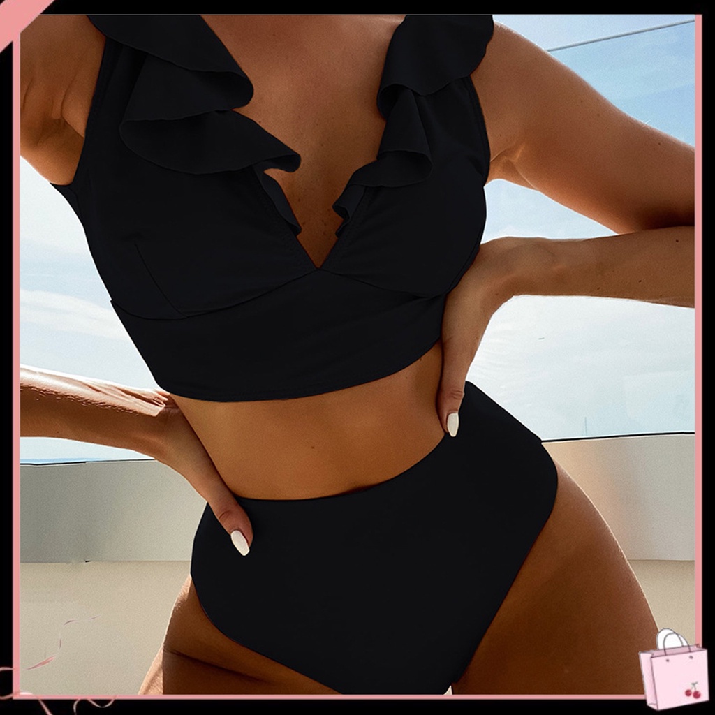 Bộ Đồ Bơi 2 Mảnh Cổ Chữ V Có Đệm Mút Mềm Mại Màu Trơn Thời Trang Mùa Hè