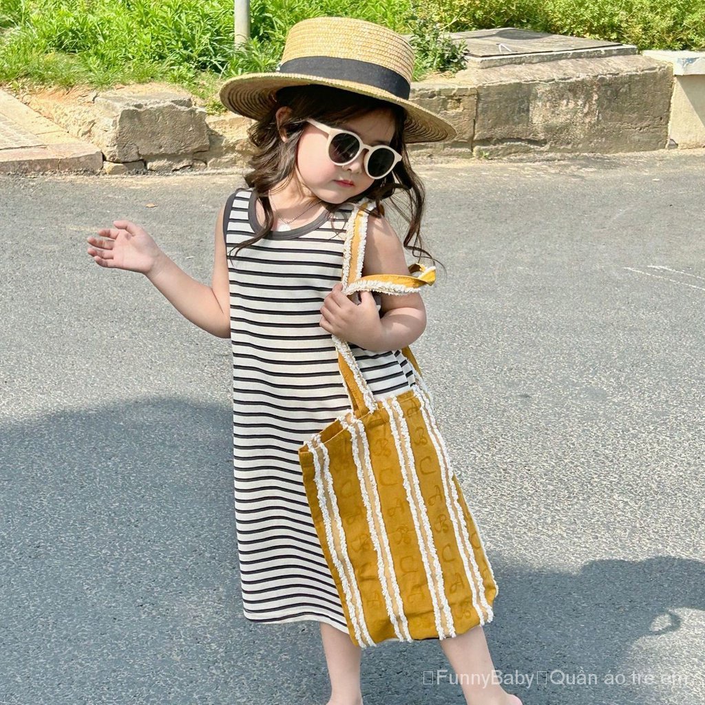 Đầm Không Tay 100% Cotton Họa Tiết Kẻ Sọc Thời Trang Mùa Hè 2023 Mới Cho Bé Gái