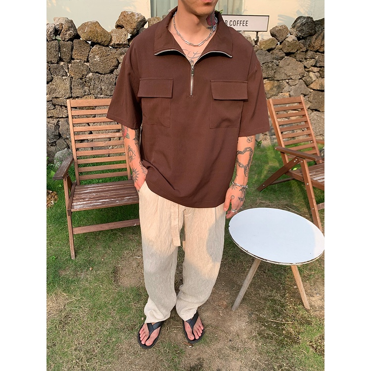 Áo Thun polo Tay Ngắn Dáng Rộng Có Khóa Kéo Thời Trang Cao Cấp Cho Nam