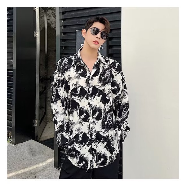 Áo Sơ Mi Lụa Lạnh Tay Dài In Họa Tiết Mực Thời Trang Mùa Hè Hàn Quốc